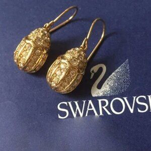 AUTHENTIC ~ Swarovski Crystal Beetle Bug Earrings in Gold Tone